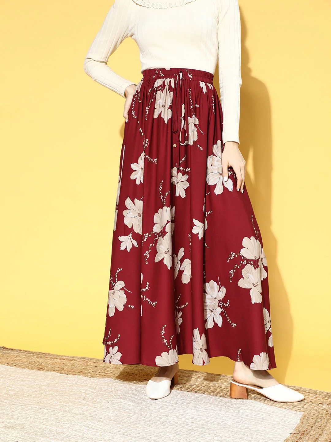 Berrylush Women Maroon Floral Printed Maxi Skirt - Image 2
