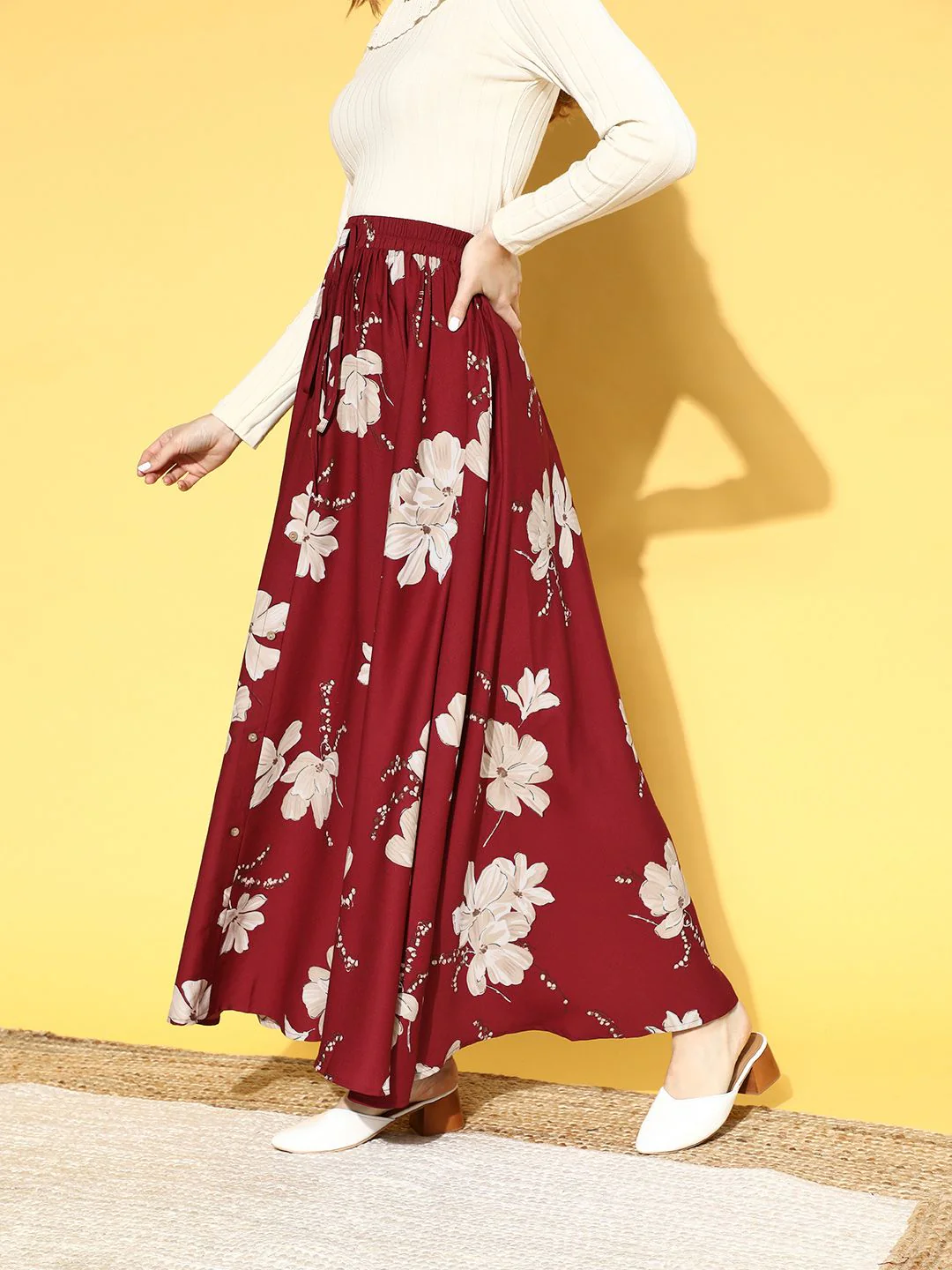 Berrylush Women Maroon Floral Printed Maxi Skirt - Image 5