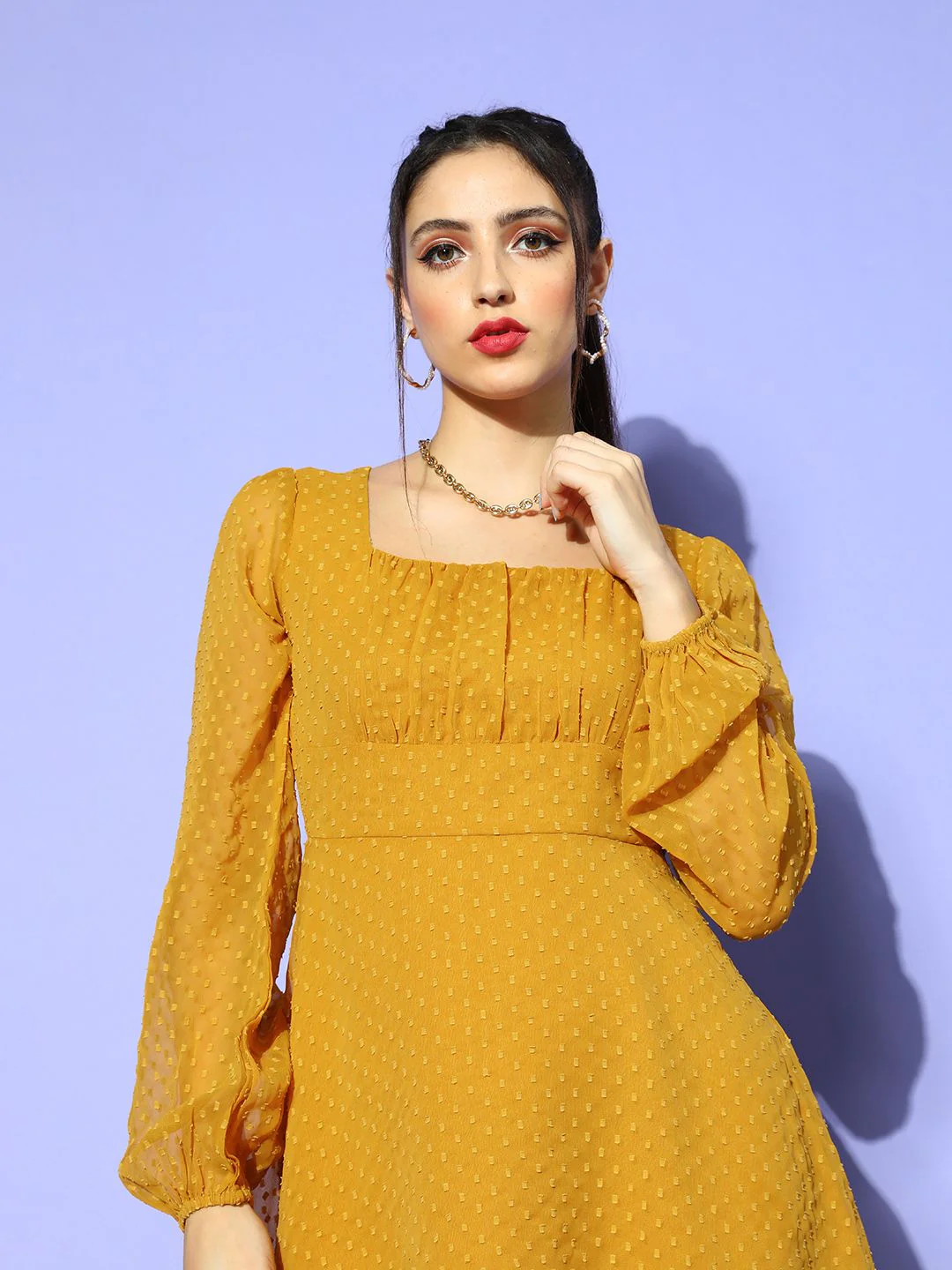 Berrylush Women Mustard Self-Design Once Upon a Sleeve Dress - Image 5