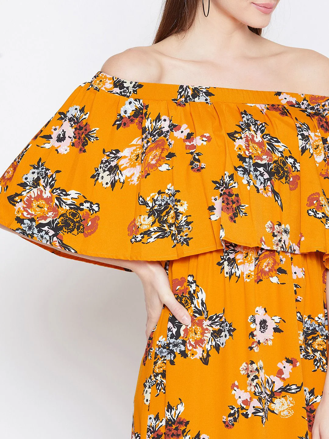 Berrylush Women Mustard Yellow & White Floral Printed Layered Maxi Dress - Image 2