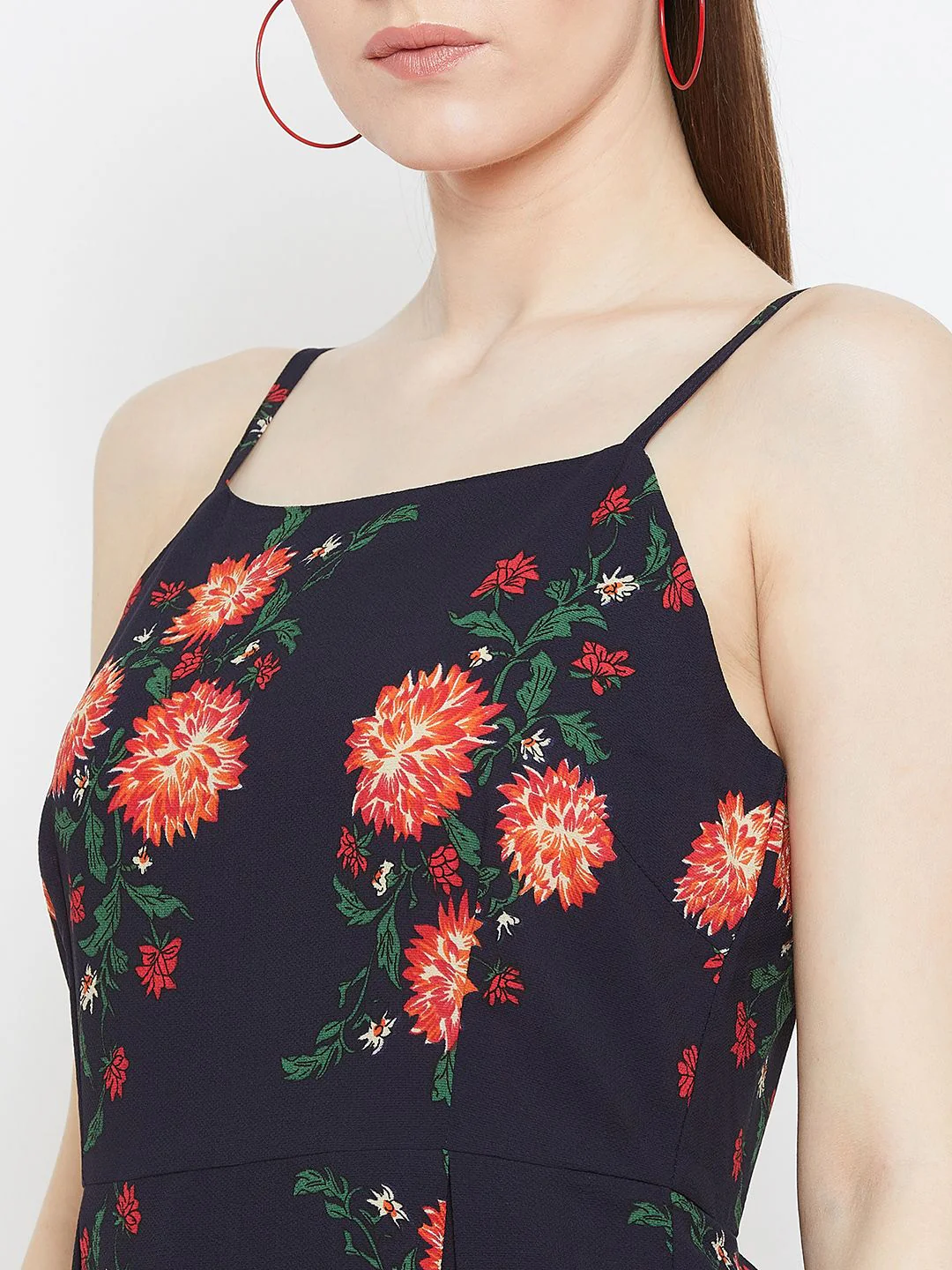 Berrylush Women Navy Blue & Orange Floral Printed Fit and Flare Dress - Image 2