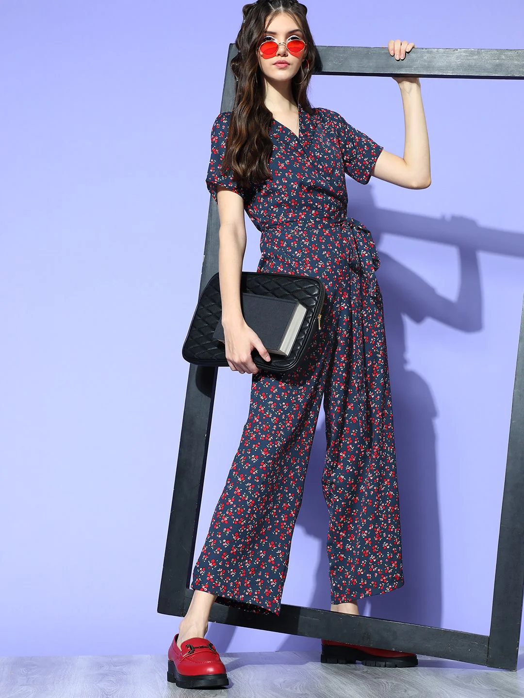 Berrylush Women Navy Blue Printed Wrap it Up Jumpsuit - Image 3