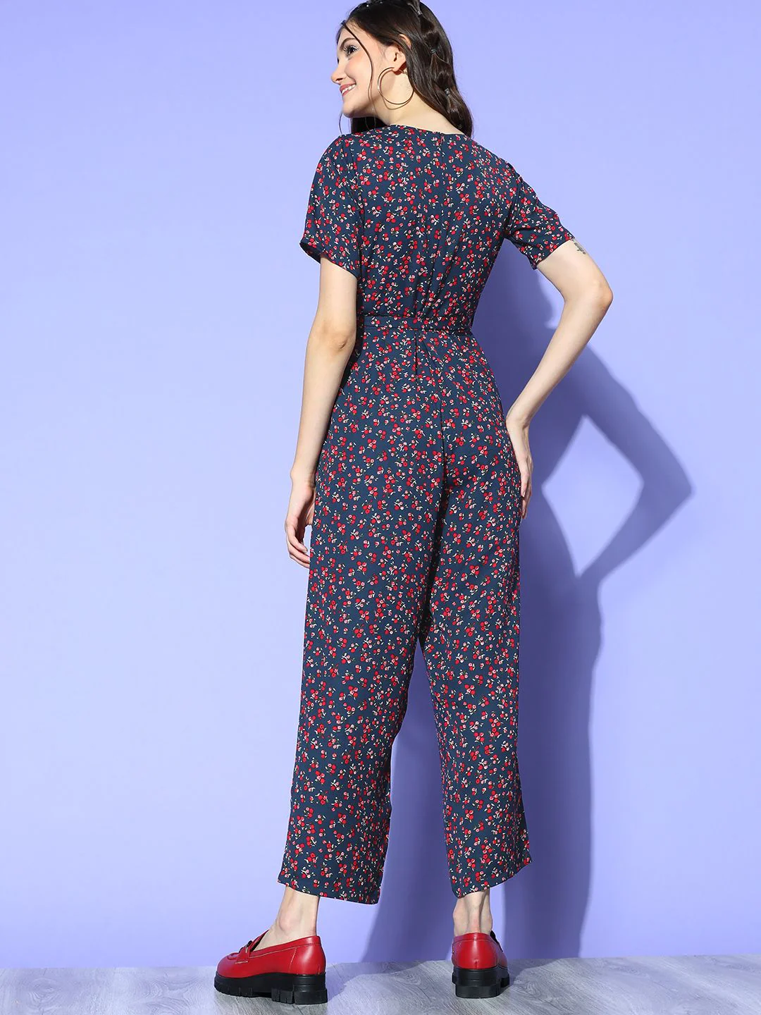 Berrylush Women Navy Blue Printed Wrap it Up Jumpsuit - Image 4