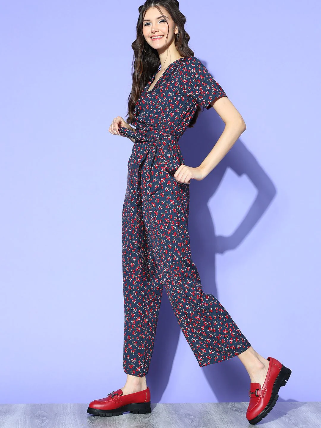Berrylush Women Navy Blue Printed Wrap it Up Jumpsuit - Image 5