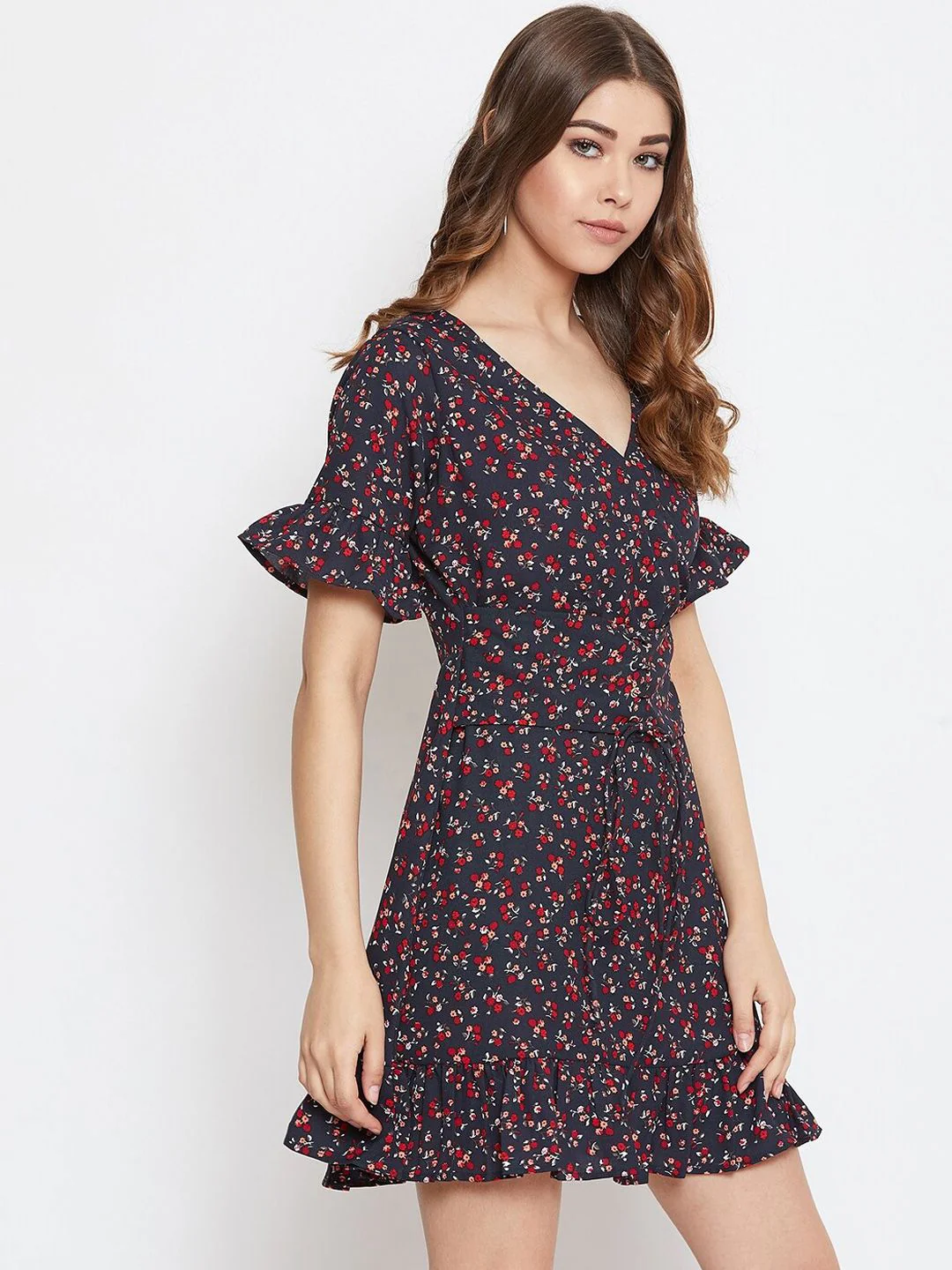 Berrylush Women Navy Blue & Red Micro Floral Printed Fit and Flare Dress - Image 3