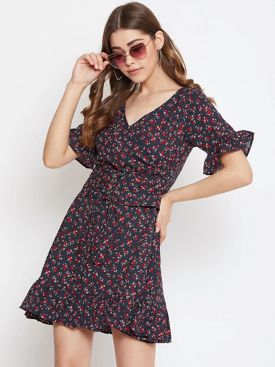 Berrylush Women Navy Blue & Red Micro Floral Printed Fit and Flare Dress - Image 5