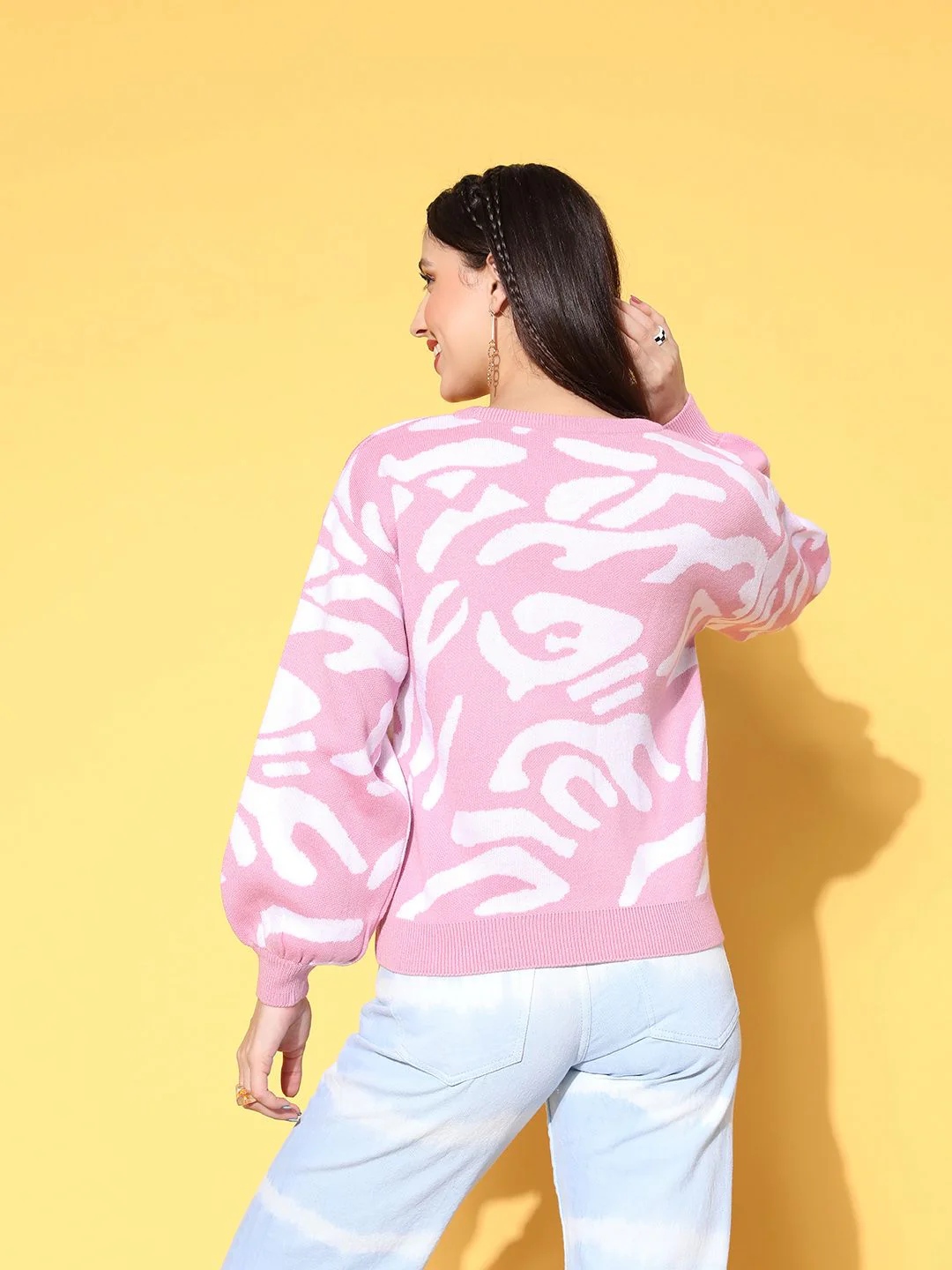 Berrylush Women Pink Abstract Knits Bits Sweater - Image 3