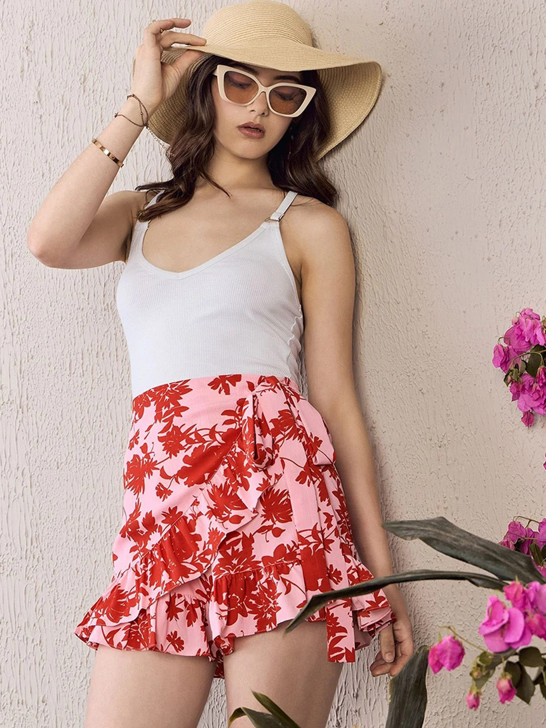 Berrylush Women Pink Floral Printed Ruffled Mini Skorts - Image 6