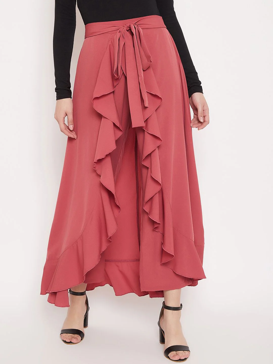 Berrylush Women Pink Solid Wrap Maxi Skirt With Pants
