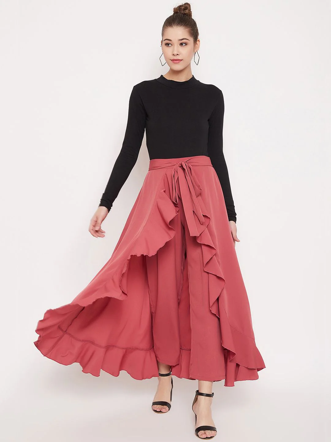 Berrylush Women Pink Solid Wrap Maxi Skirt With Pants - Image 5