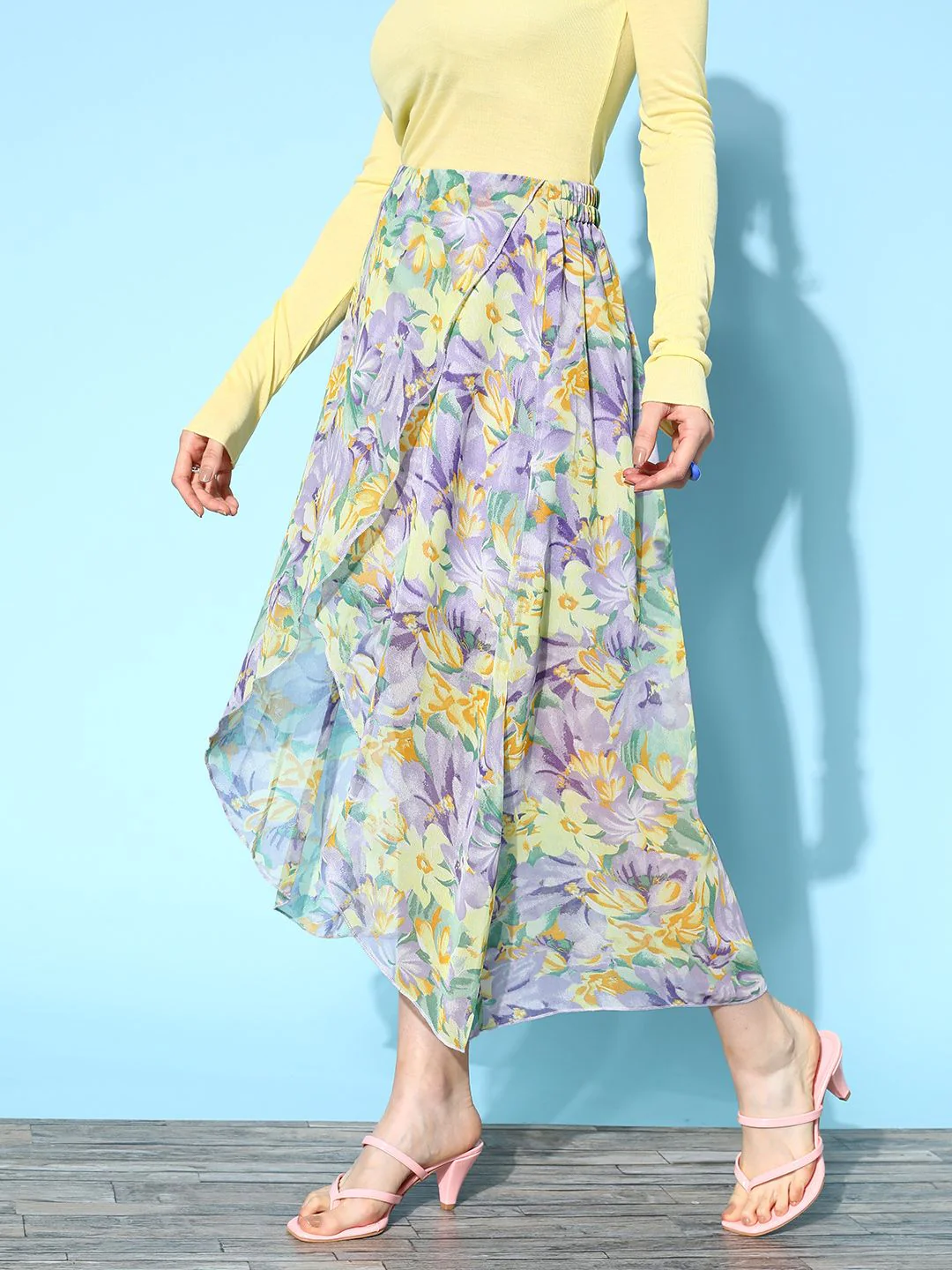 Berrylush Women Purple & Yellow Georgette Floral Print Tulip Hem Skirt - Image 2