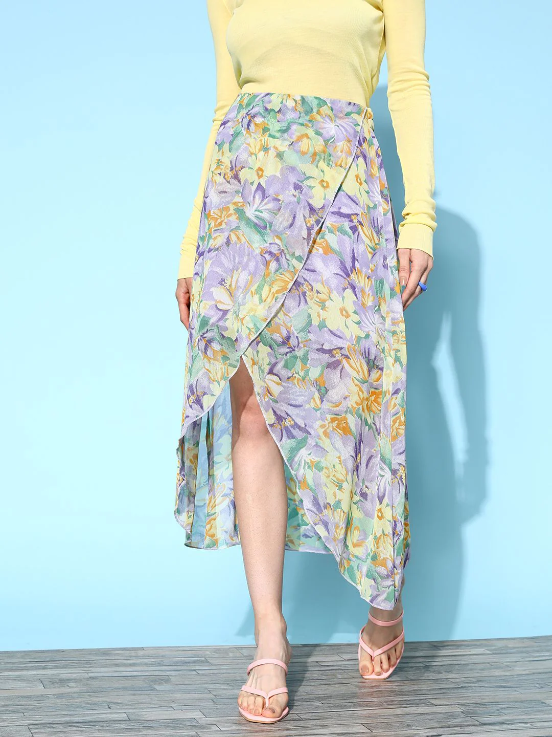 Berrylush Women Purple & Yellow Georgette Floral Print Tulip Hem Skirt - Image 3