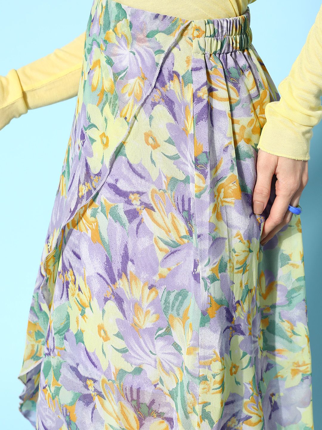 Berrylush Women Purple & Yellow Georgette Floral Print Tulip Hem Skirt - Image 4
