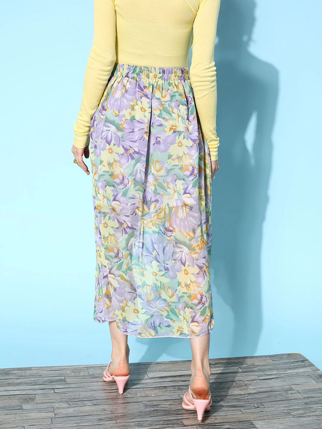 Berrylush Women Purple & Yellow Georgette Floral Print Tulip Hem Skirt - Image 5