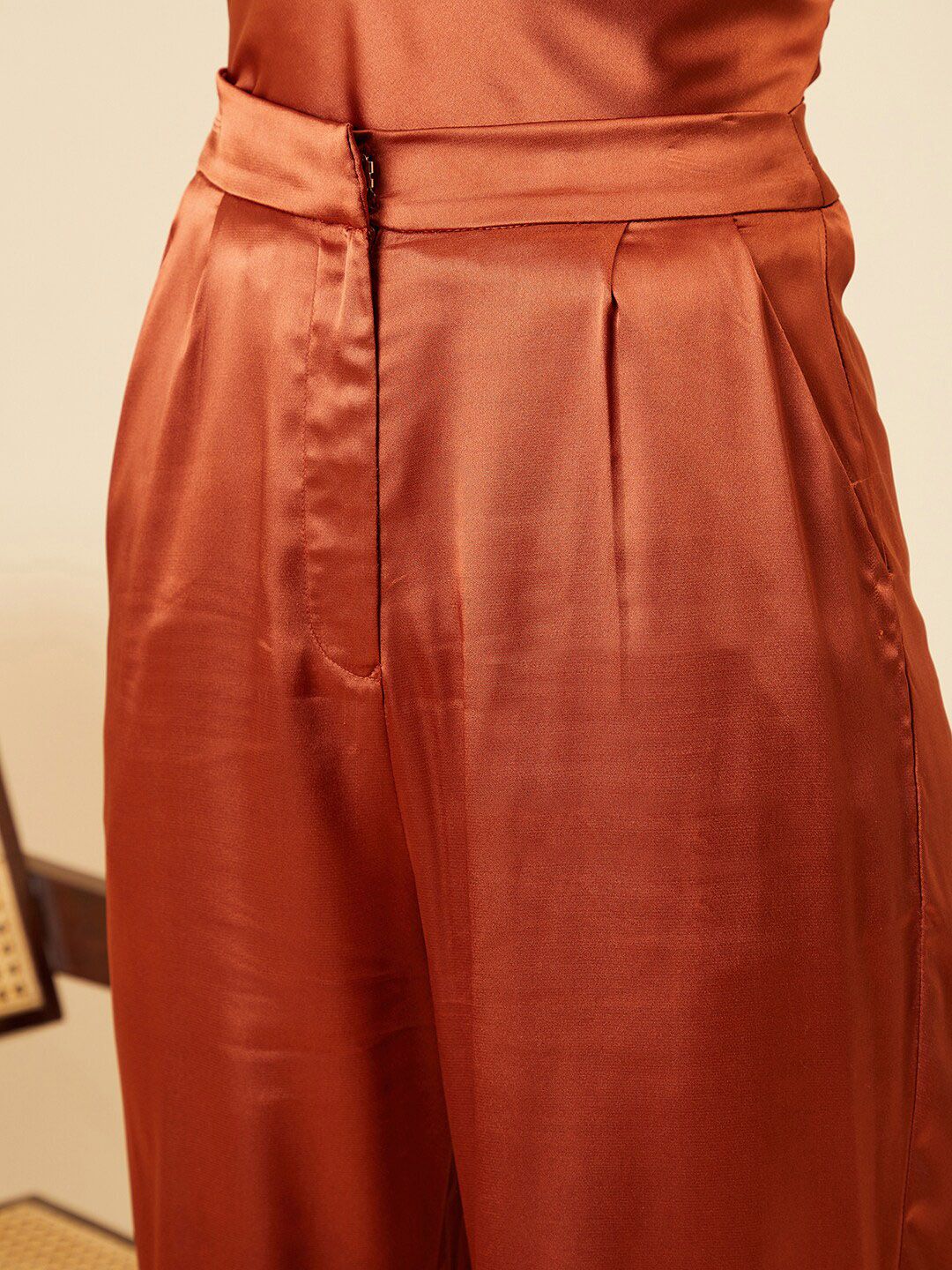 Berrylush Women Rust Relaxed Straight Leg High-Rise Parallel Trousers - Image 6