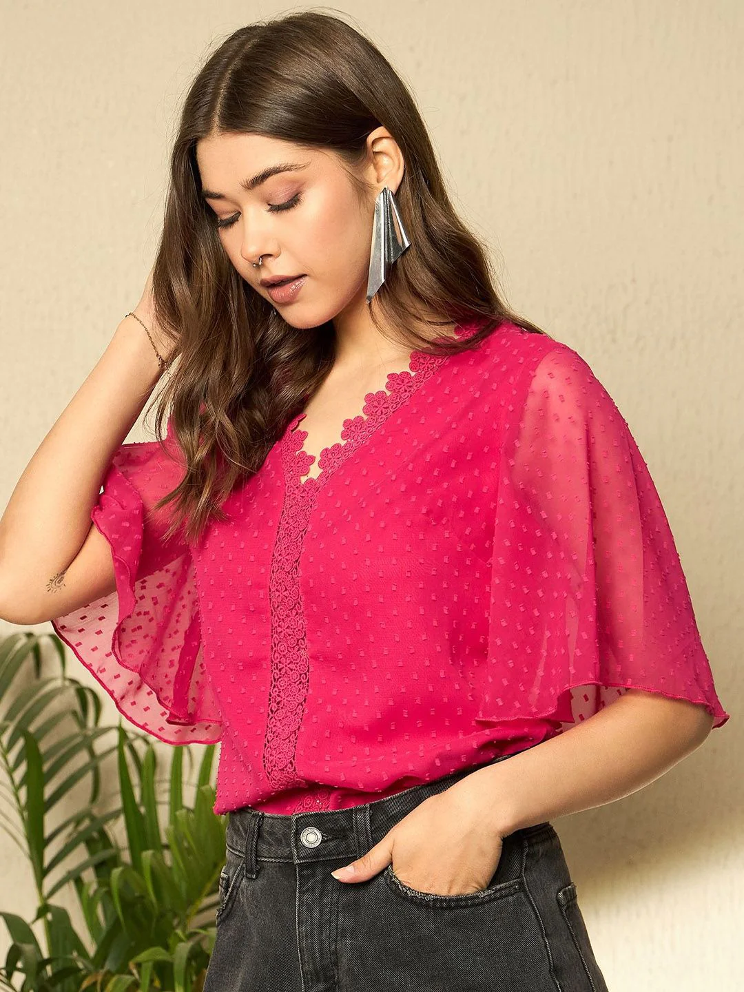 Berrylush Women Self Design Flared Sleeve Top - Image 3