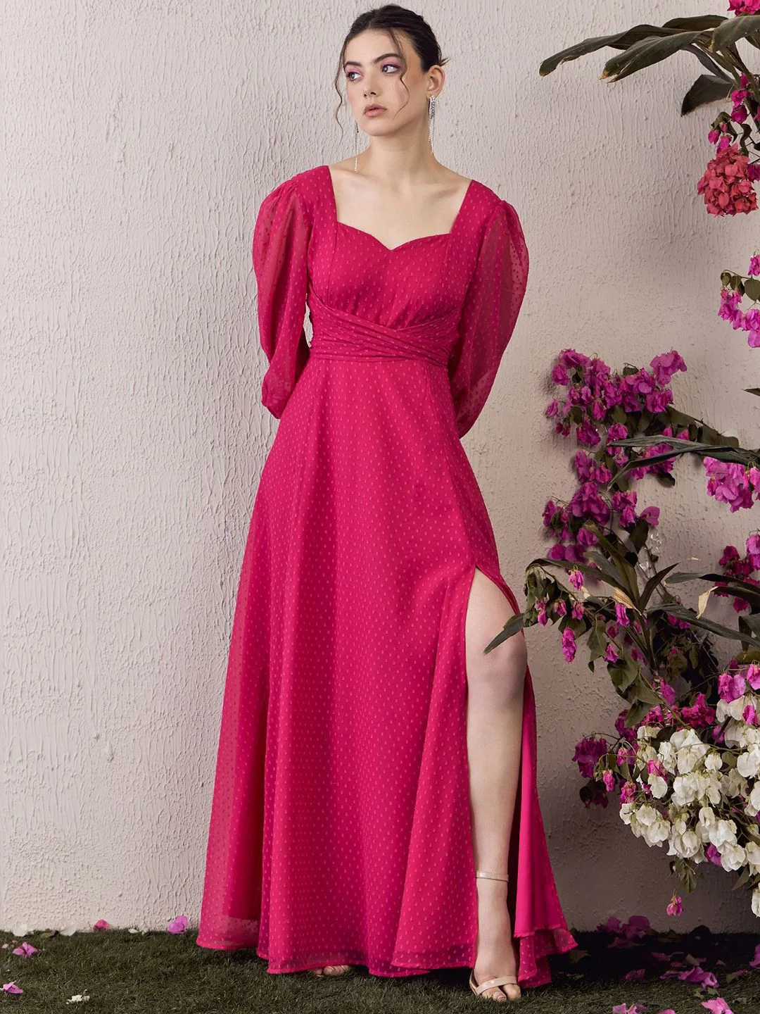 Berrylush Women Solid Sweetheart Neck Bishop Sleeve Fit & Flared Maxi Dress - Image 2