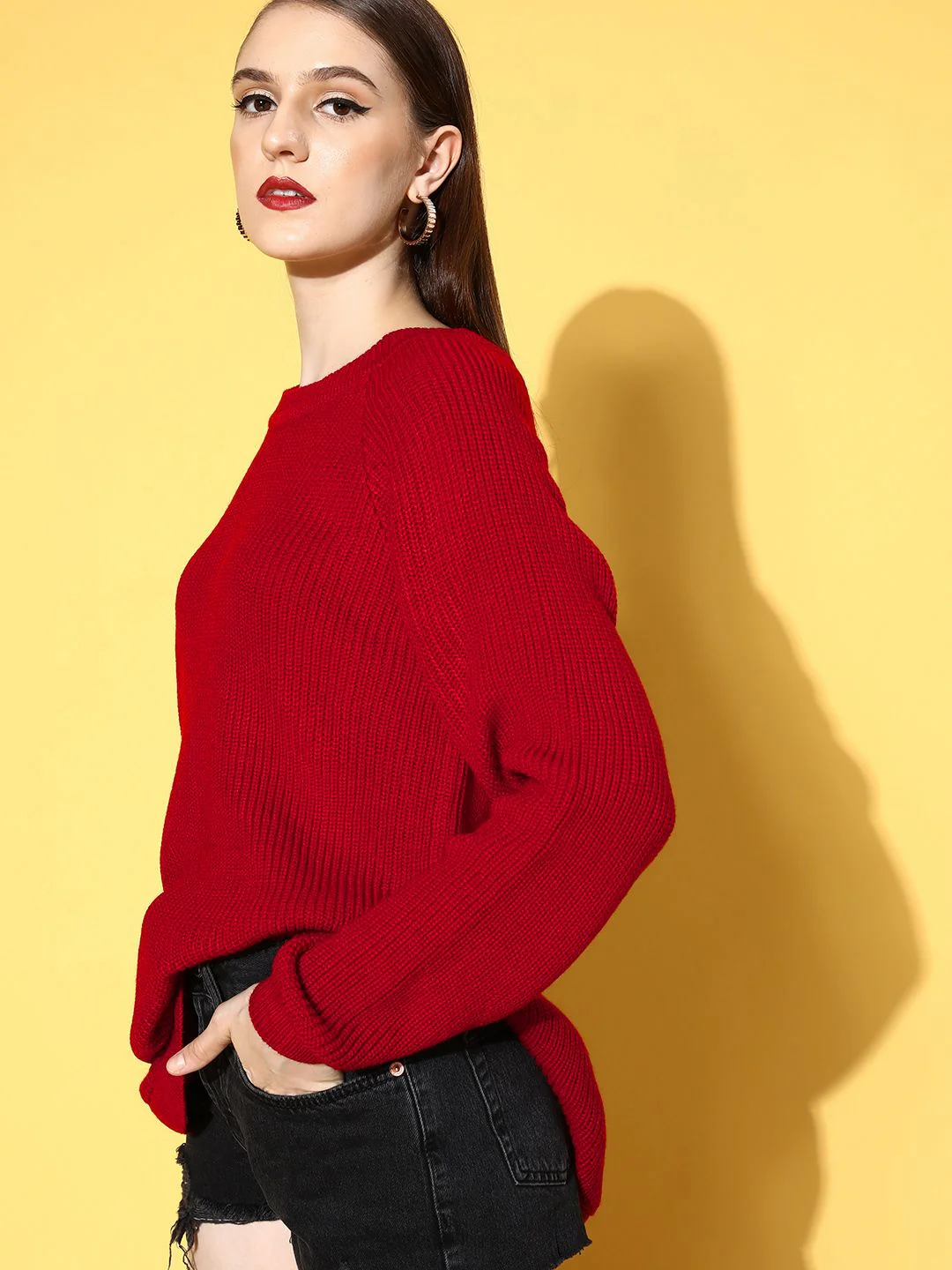 Berrylush Women Stunning Red Solid Knits Bits Sweater - Image 3