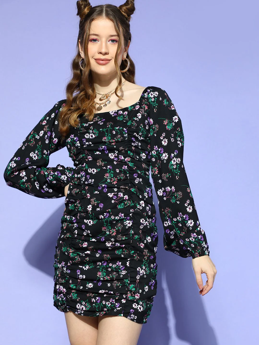 Berrylush Women Stylish Black Floral Volume Play Dress - Image 2