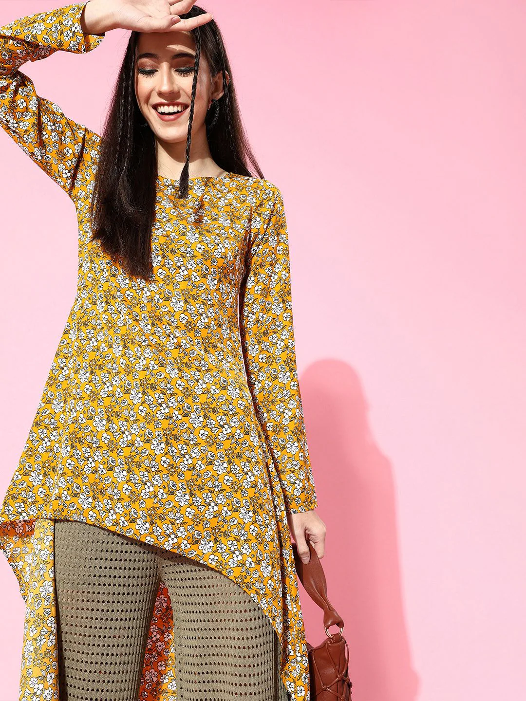 Berrylush Women Stylish Mustard Floral Asymmetrical Top