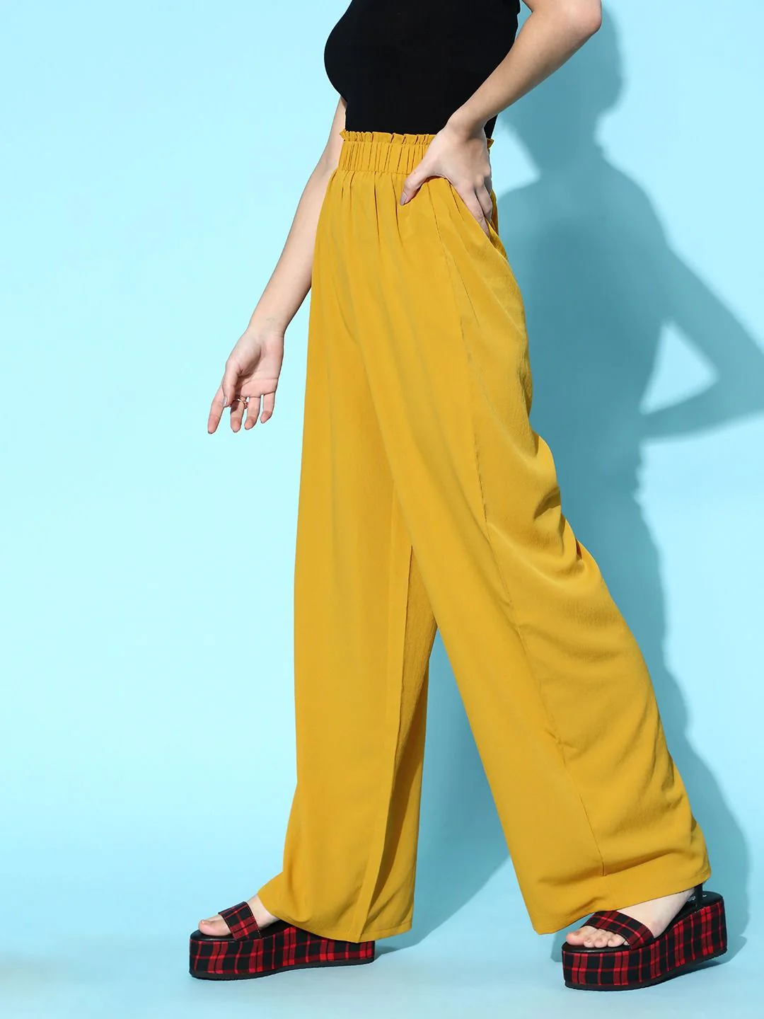 Berrylush Women Stylish Mustard Solid Elevated Bottom Trousers - Image 3