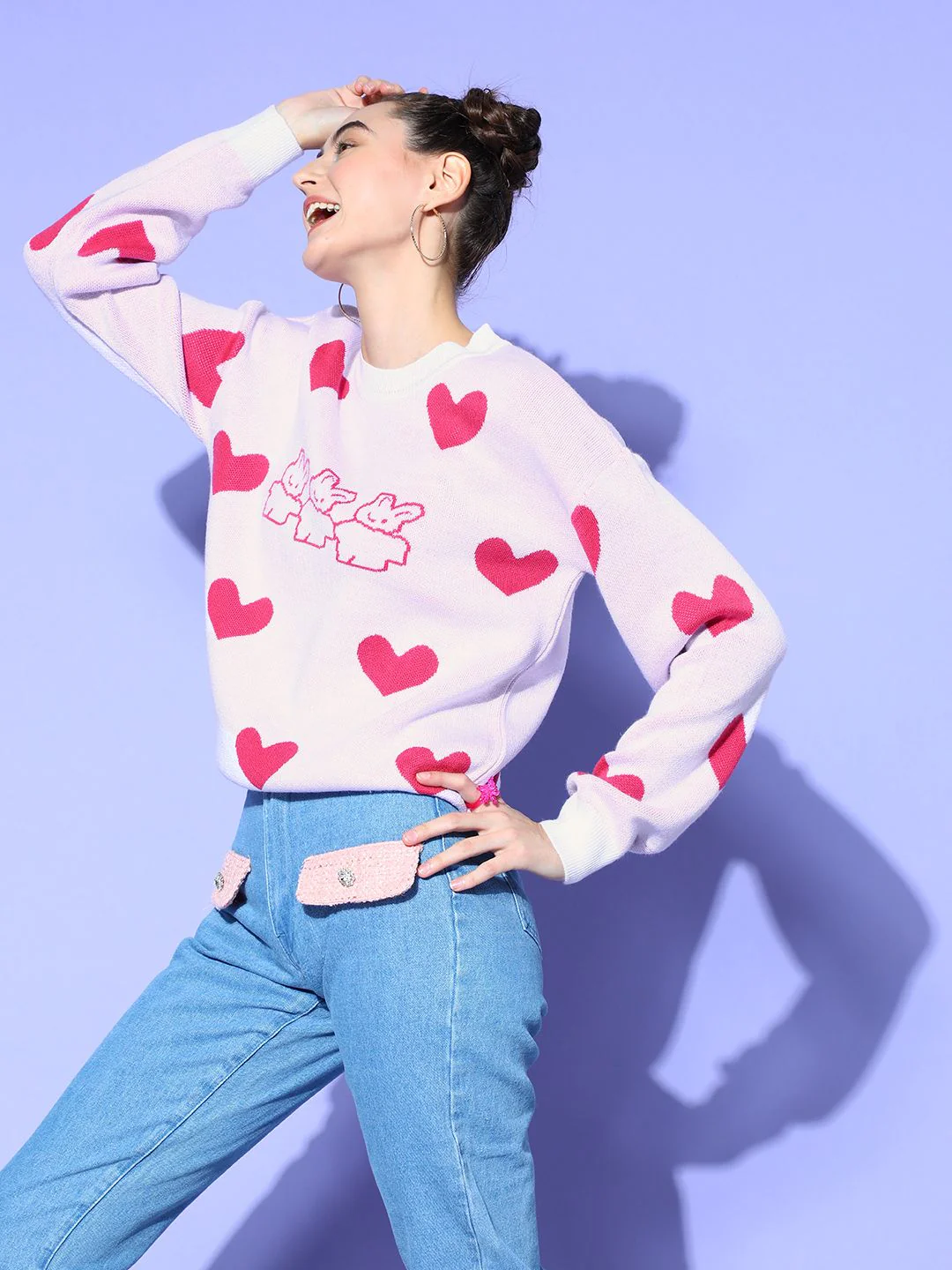 Berrylush Women Stylish White Geometric Knits Bits Sweater - Image 5
