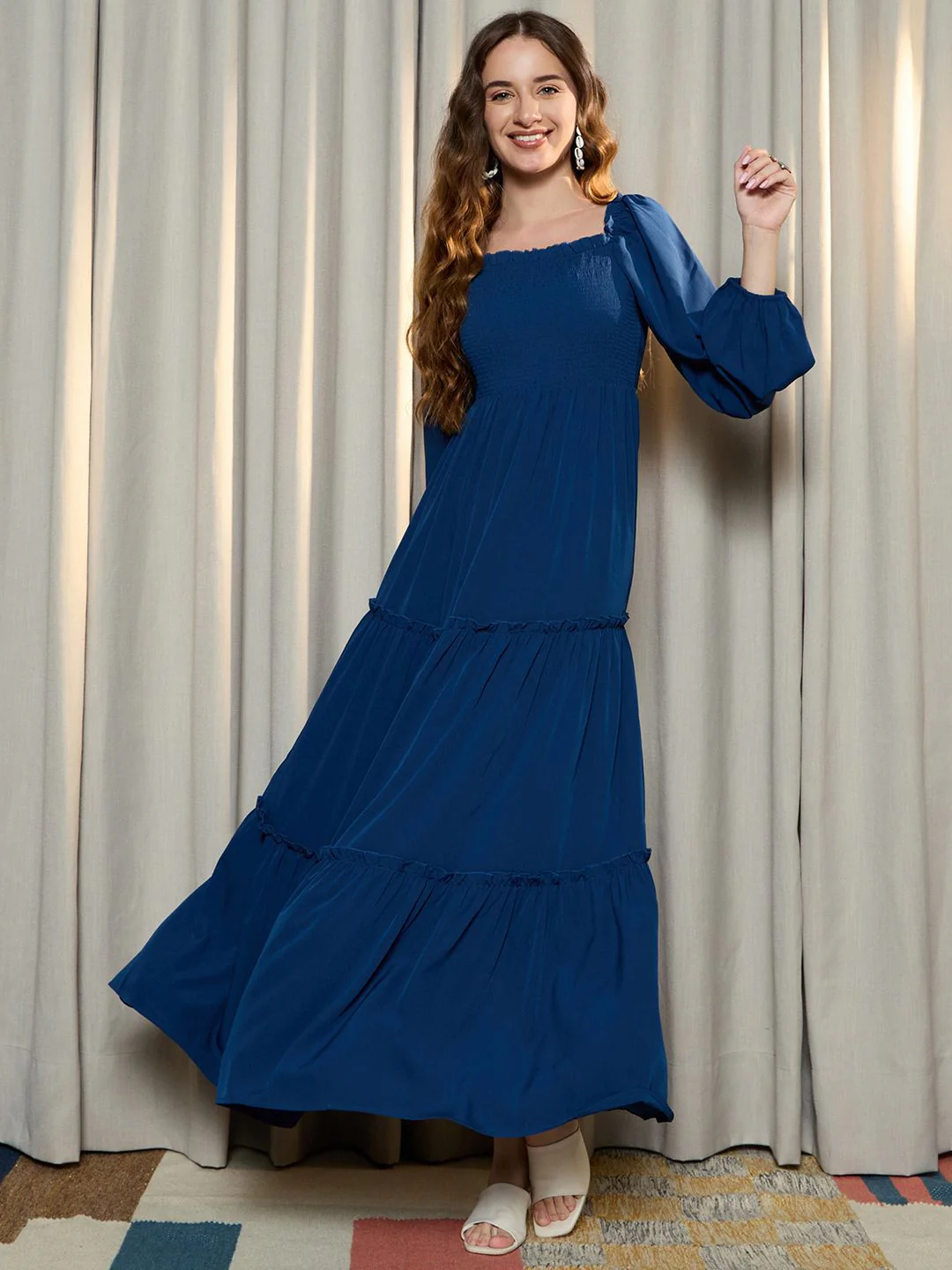 Berrylush Women Tiered Smocked Details Puff Sleeve A-Line Maxi Dress - Image 2