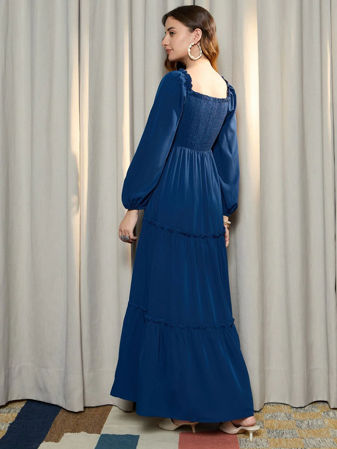 Berrylush Women Tiered Smocked Details Puff Sleeve A-Line Maxi Dress - Image 4