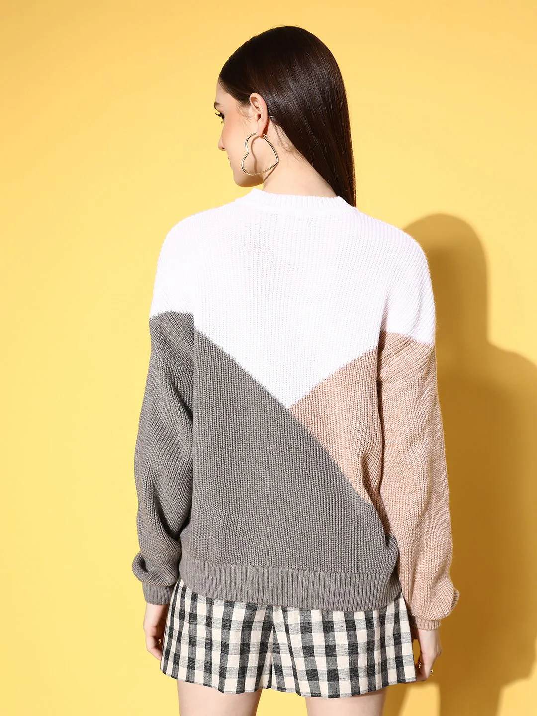 Berrylush Women White Colourblocked Block & Patch Sweater - Image 5