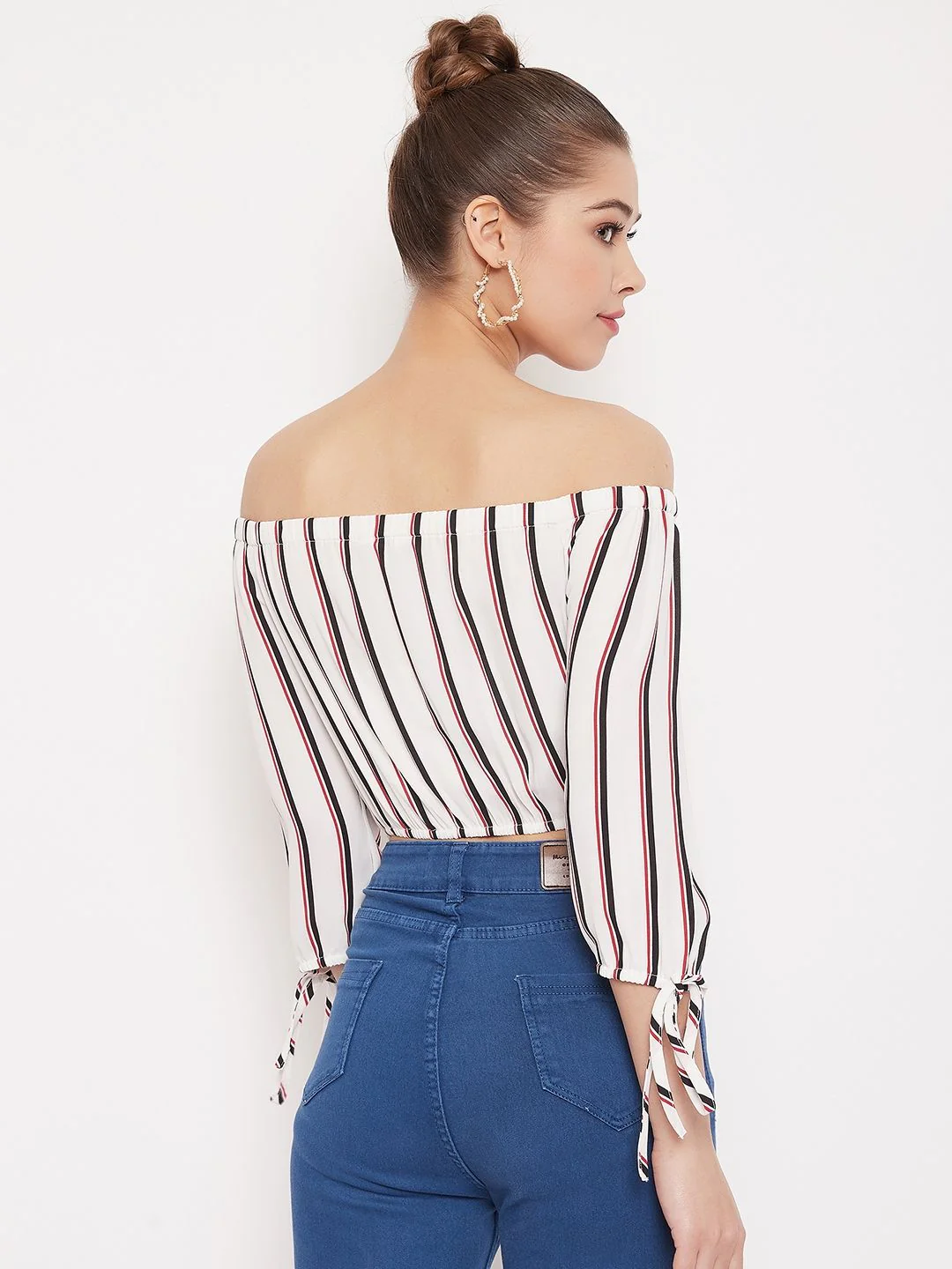 Berrylush Women White Striped Bardot Top - Image 5