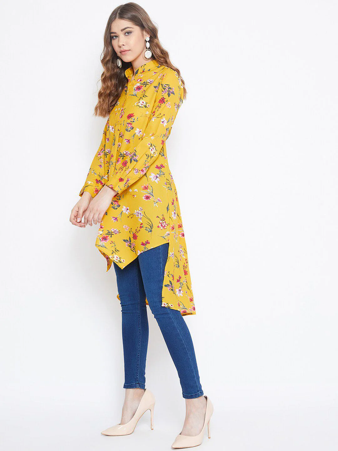 Berrylush Women Yellow Floral Printed Mandarin Collar Crepe Shirt Style Longline Top - Image 3