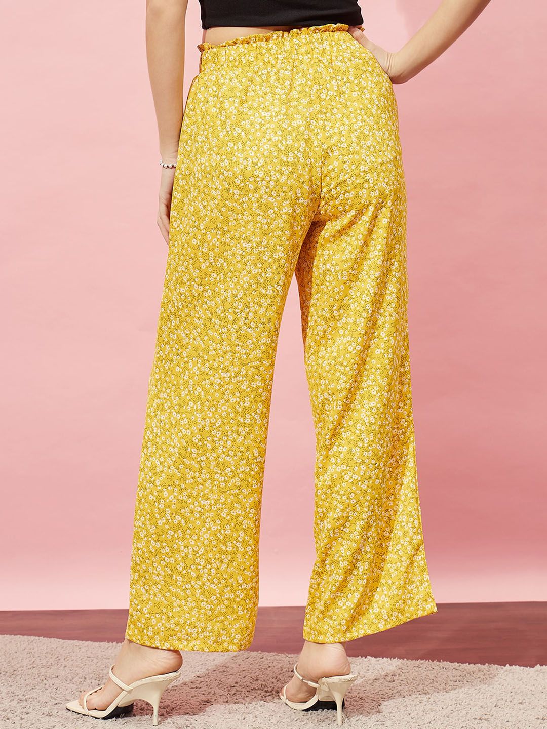 Berrylush Women Yellow Floral Printed Relaxed Straight Leg High-Rise Parallel Trouser - Image 3