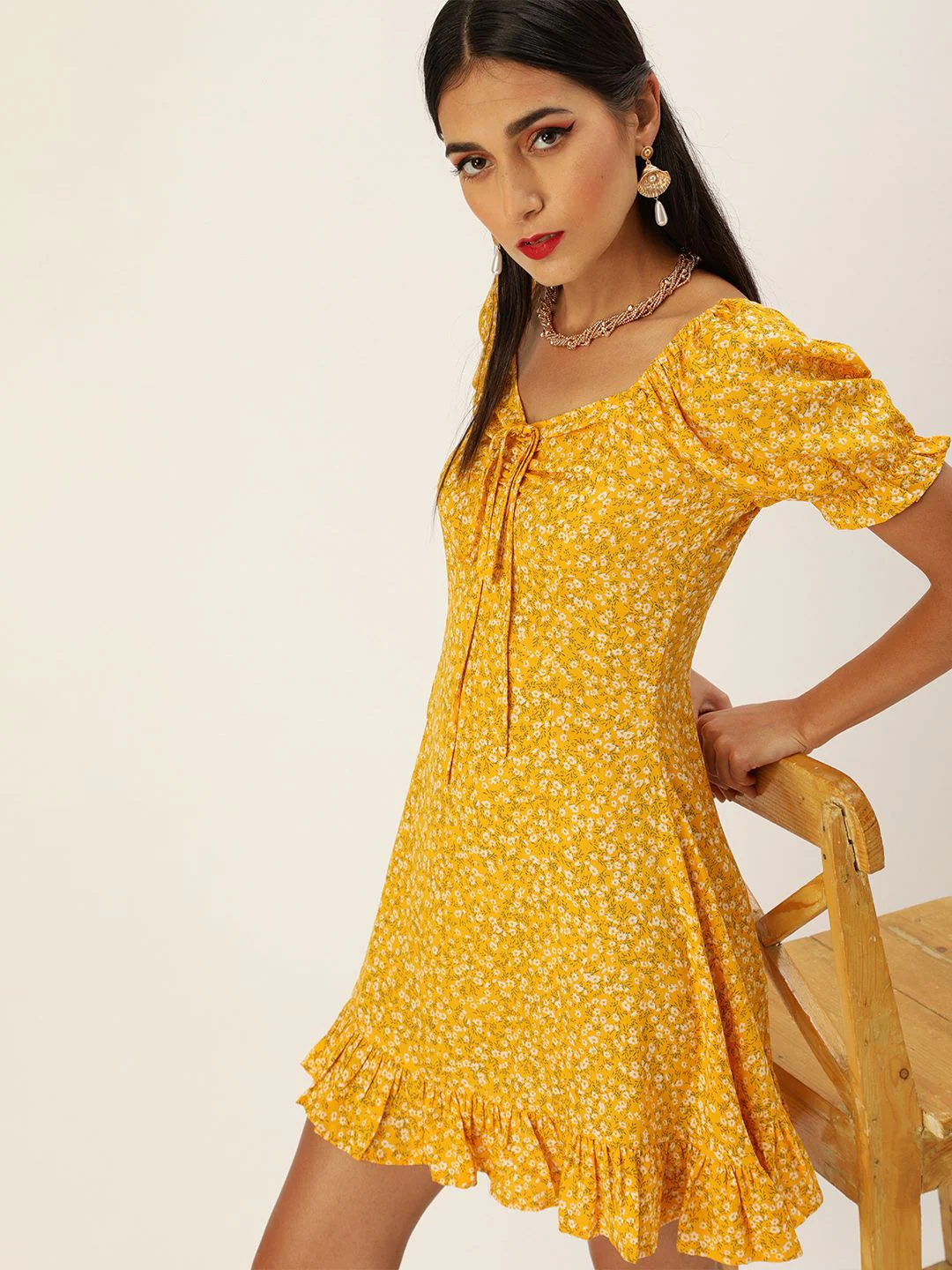 Berrylush Women Yellow & White Floral Printed Ruffled A-Line Dress with Tie-Up Detail - Image 3