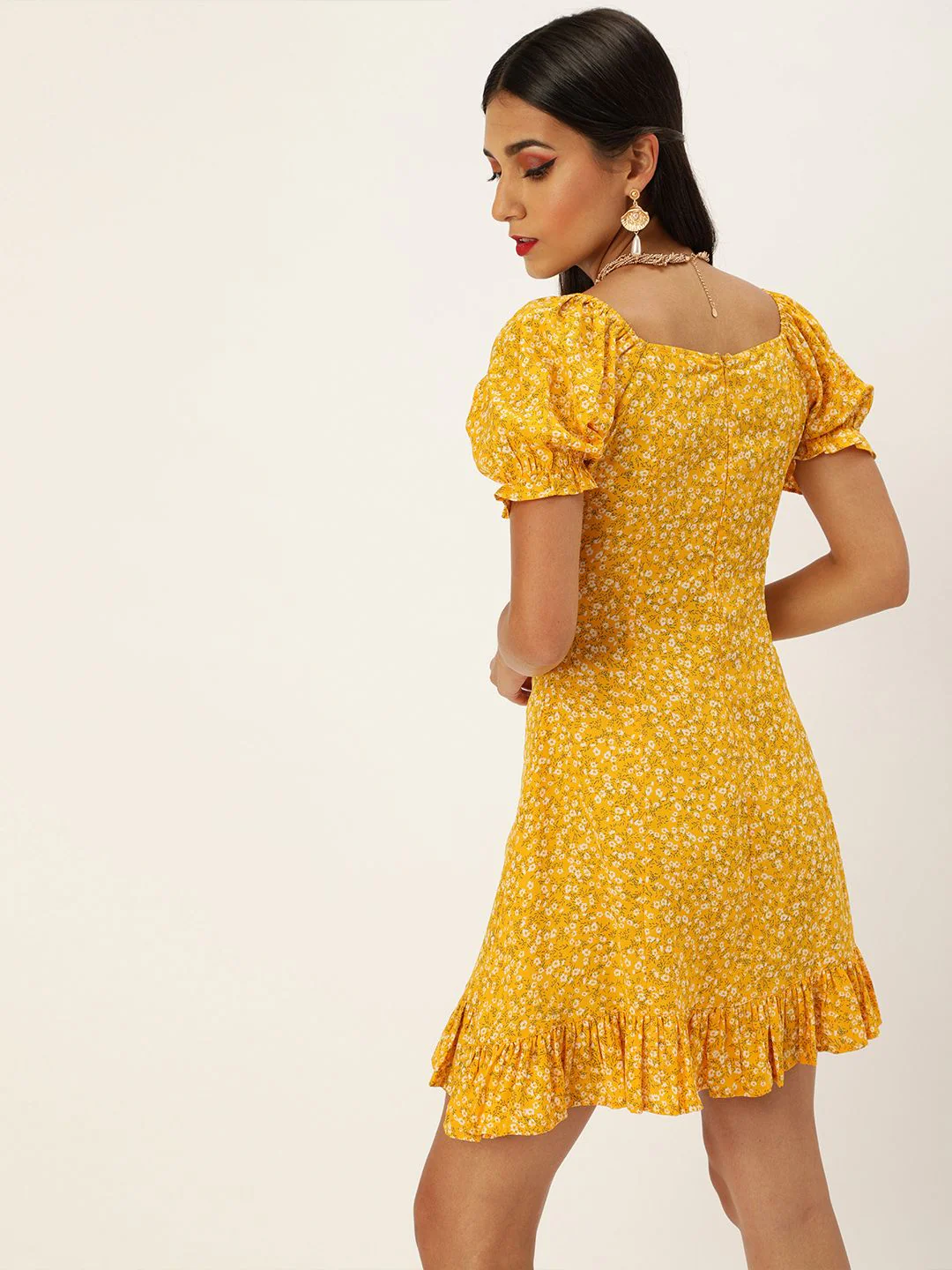 Berrylush Women Yellow & White Floral Printed Ruffled A-Line Dress with Tie-Up Detail - Image 4
