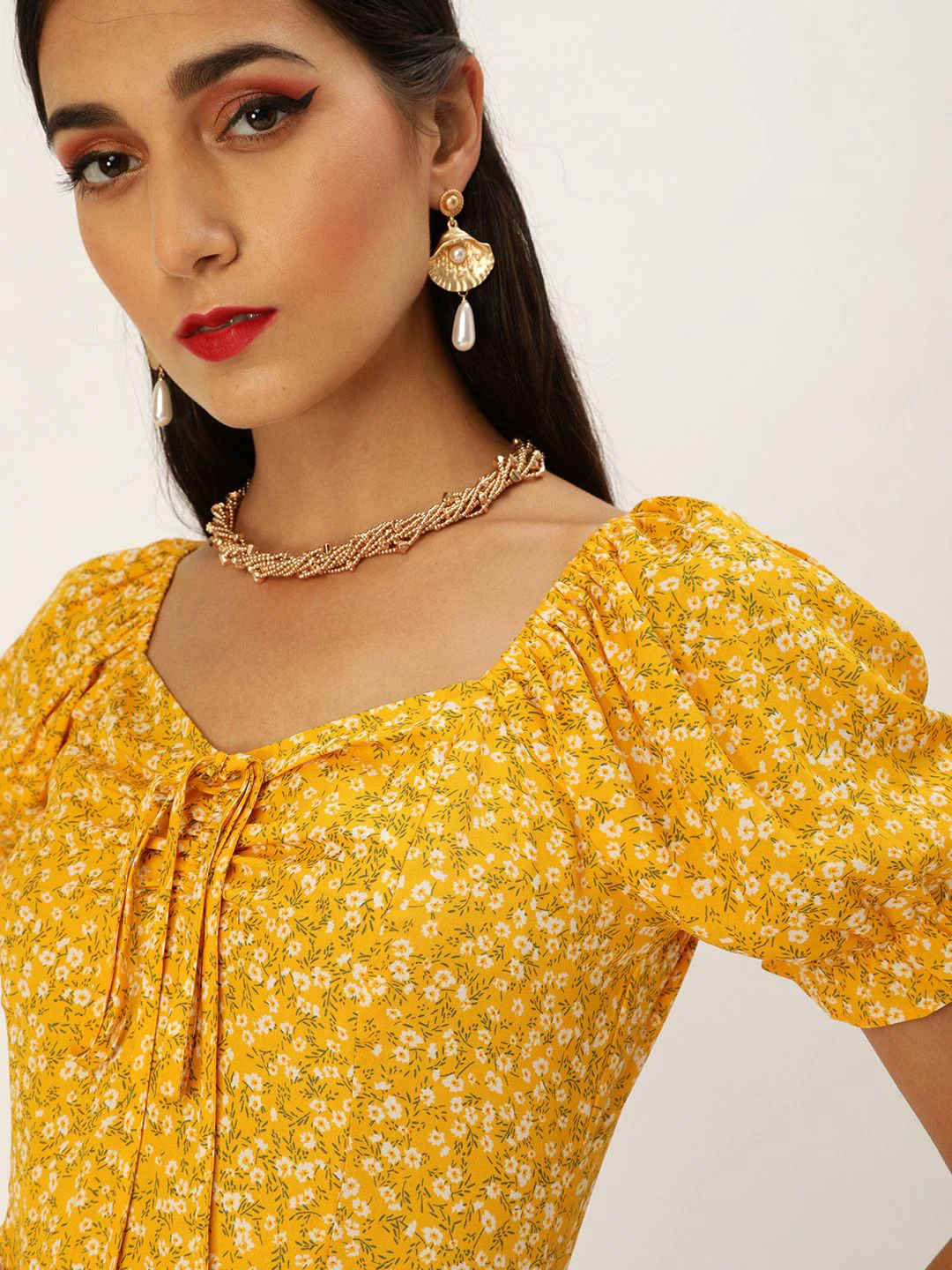 Berrylush Women Yellow & White Floral Printed Ruffled A-Line Dress with Tie-Up Detail - Image 5