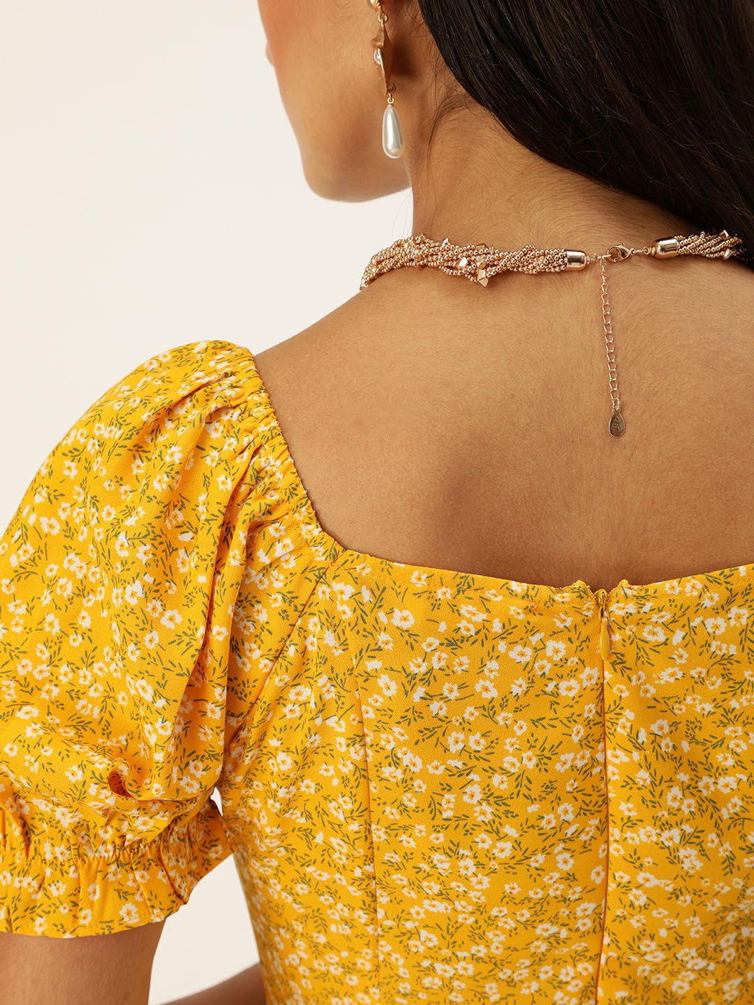 Berrylush Women Yellow & White Floral Printed Ruffled A-Line Dress with Tie-Up Detail - Image 6