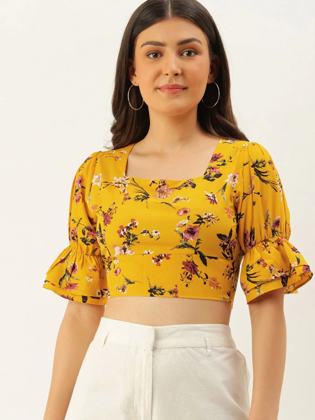 Berrylush Yellow Floral Printed Crepe Crop Top - Image 3
