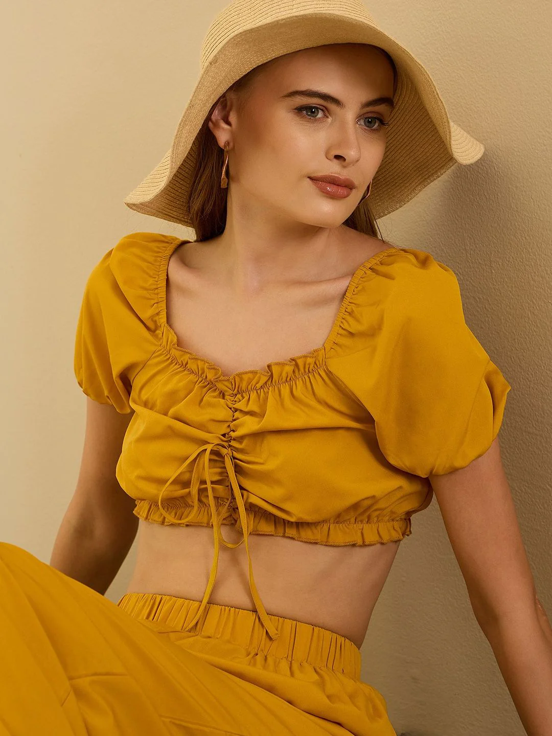 Berrylush Yellow Sweetheart Neck Crop Top With Palazzos - Image 2