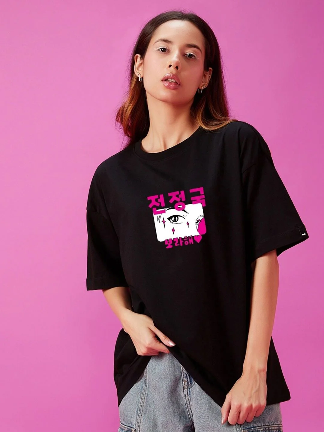 Bewakoof Black 3D BTS Graphic Printed Drop-Shoulder Sleeves Oversized Cotton T-shirt - Image 10