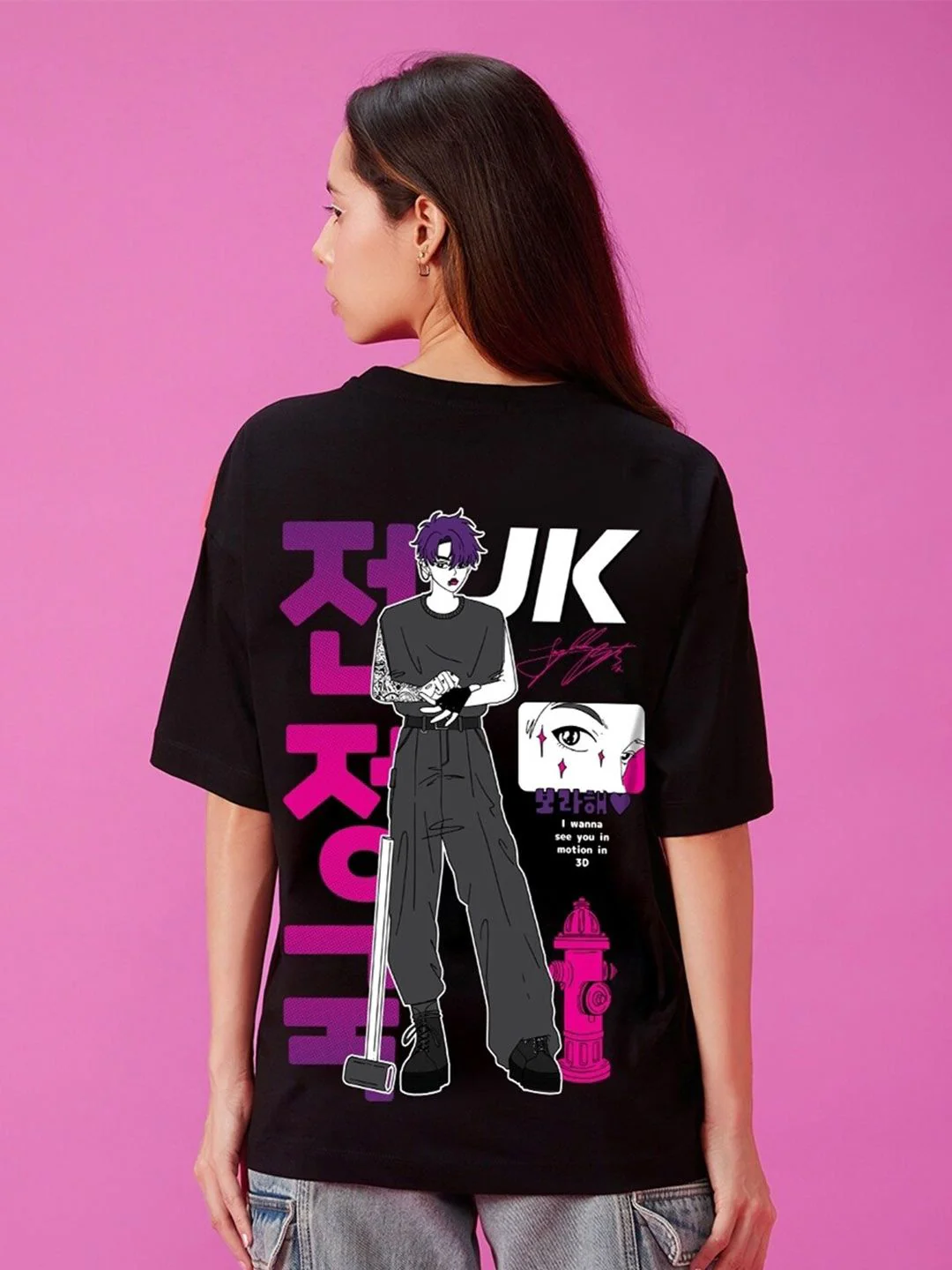 Bewakoof Black 3D BTS Graphic Printed Drop-Shoulder Sleeves Oversized Cotton T-shirt - Image 11