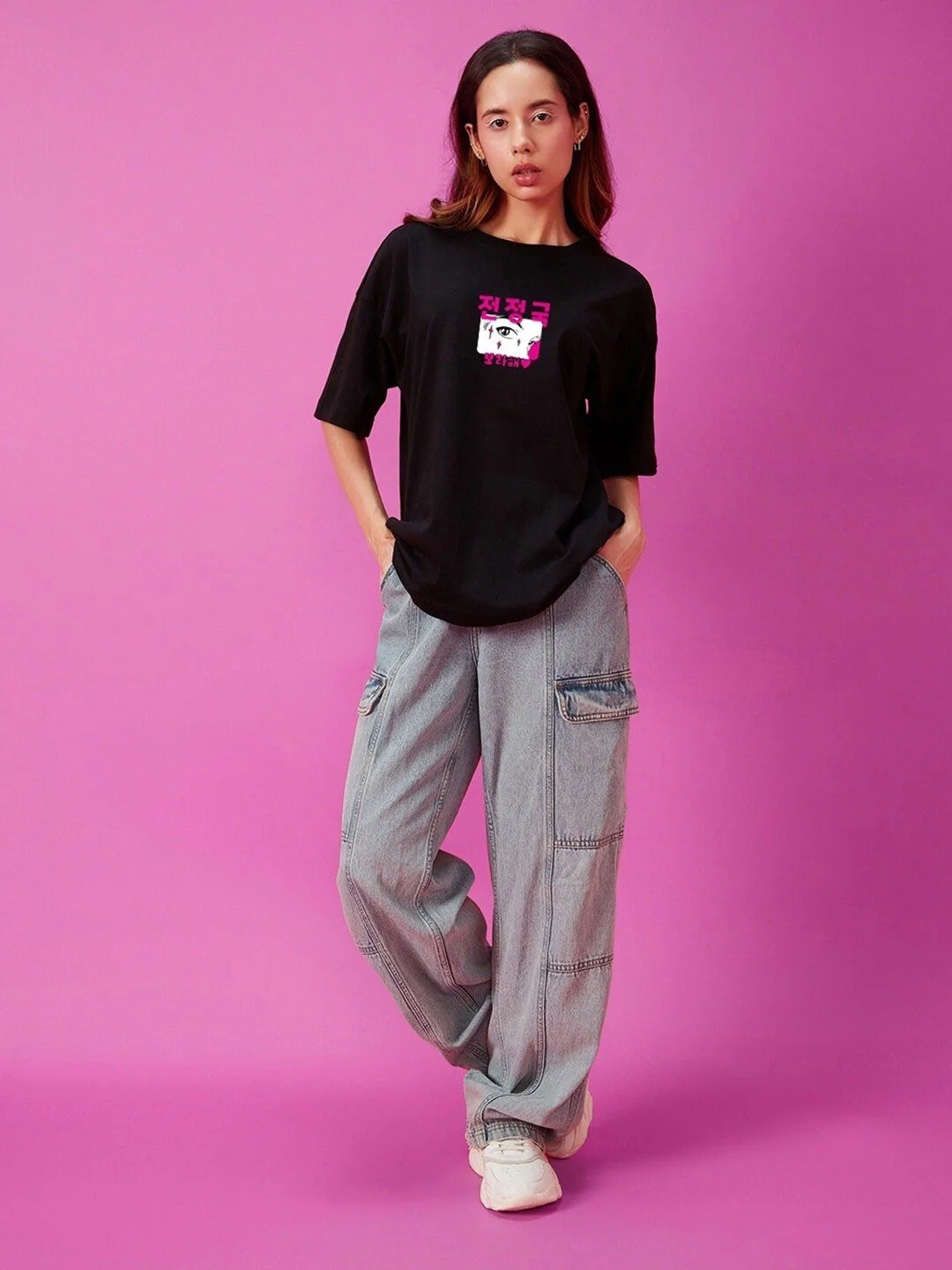 Bewakoof Black 3D BTS Graphic Printed Drop-Shoulder Sleeves Oversized Cotton T-shirt - Image 6