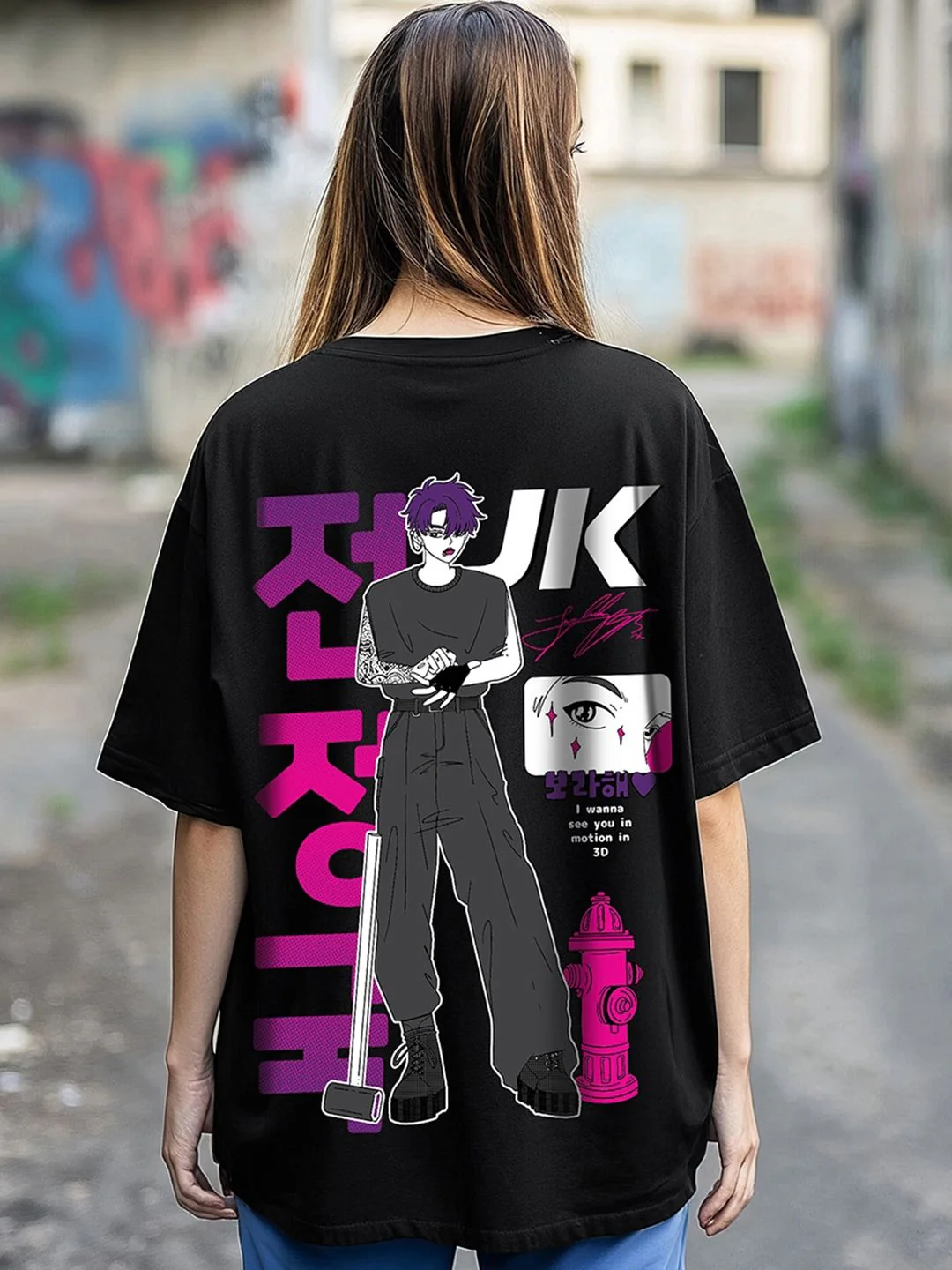 Bewakoof Black 3D BTS Graphic Printed Drop-Shoulder Sleeves Oversized Cotton T-shirt - Image 8