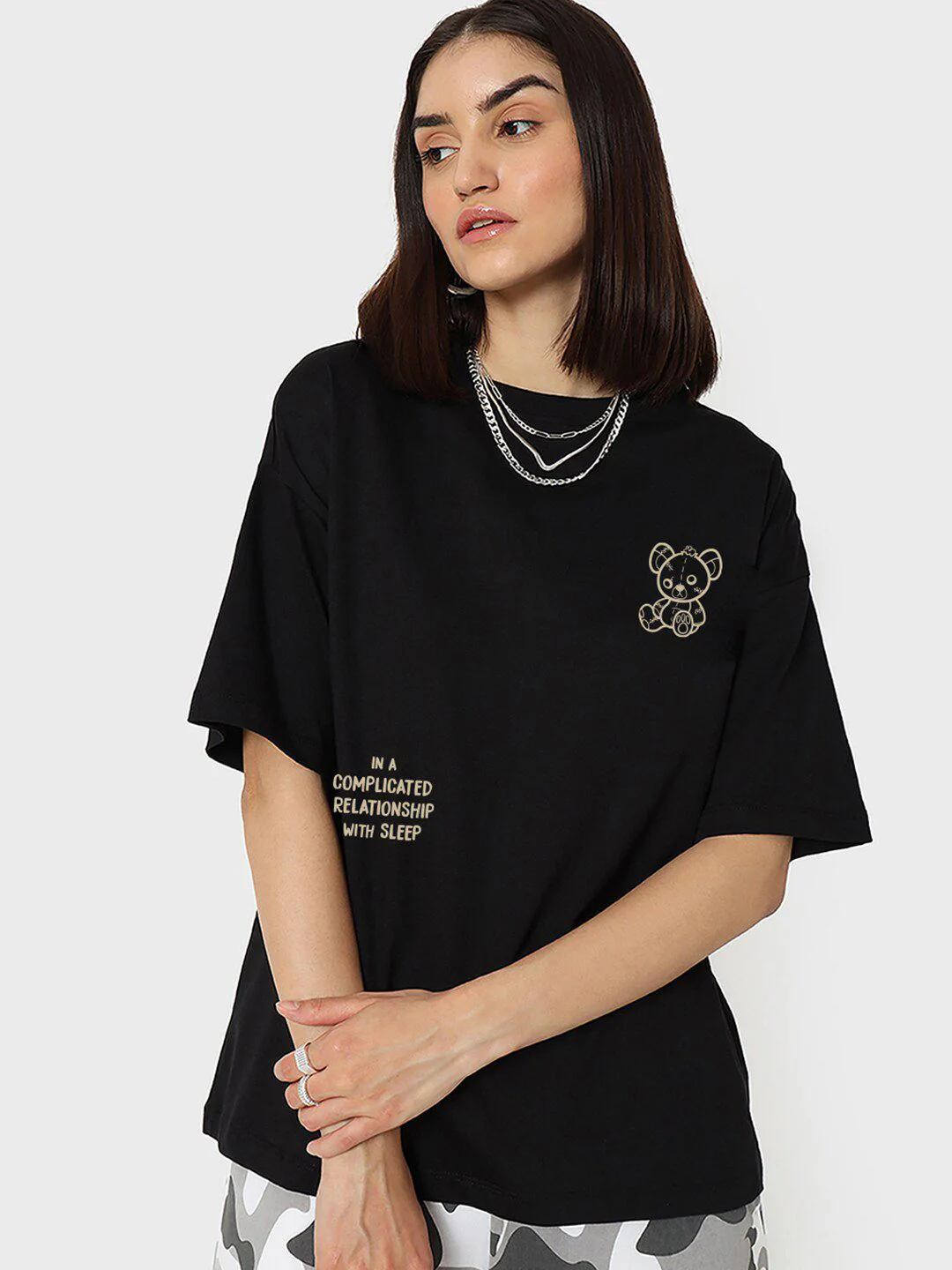 Bewakoof Black Bearly Awake Graphic Printed Round Neck Cotton Oversized T-shirt - Image 2