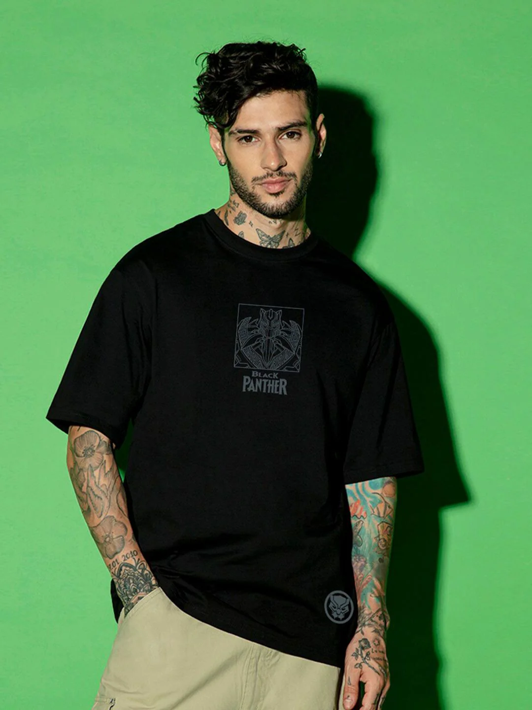 Bewakoof Black Black Panther Printed Round Neck Short Sleeves Cotton Oversized T-shirt - Image 3