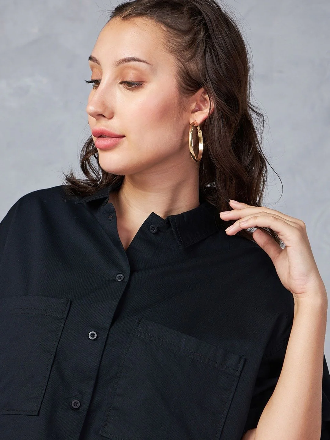 Bewakoof Black Drop-Shoulder Sleeves Cotton Oversized Crop Casual Shirt - Image 2