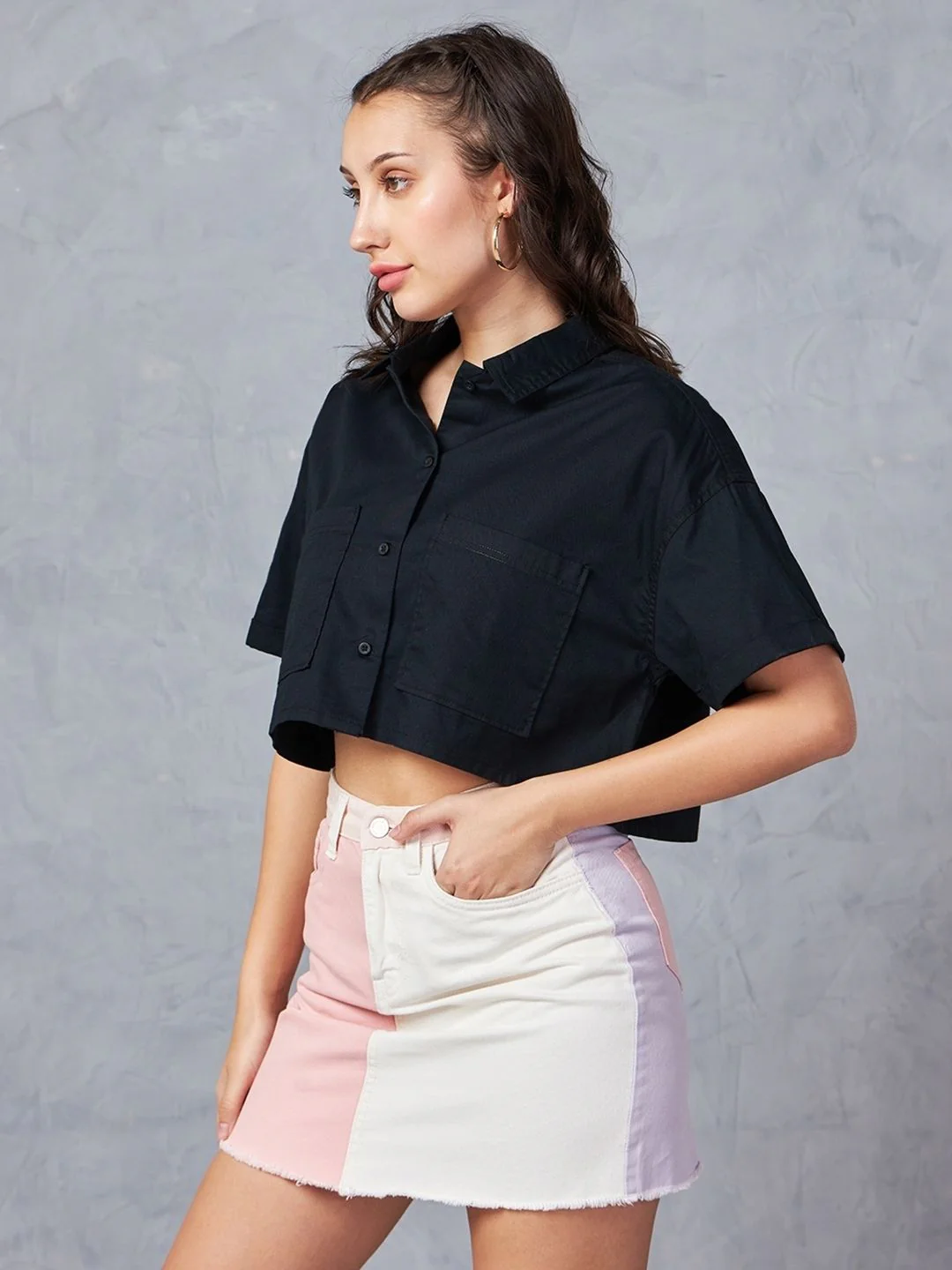 Bewakoof Black Drop-Shoulder Sleeves Cotton Oversized Crop Casual Shirt - Image 3