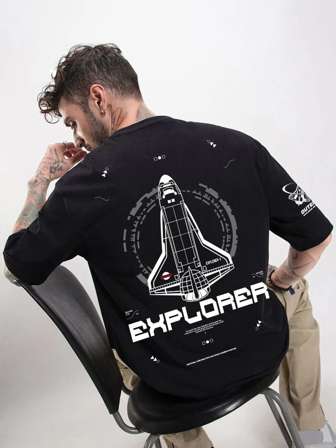 Bewakoof Black Graphic NASA Printed Cotton Oversized T-Shirt - Image 6