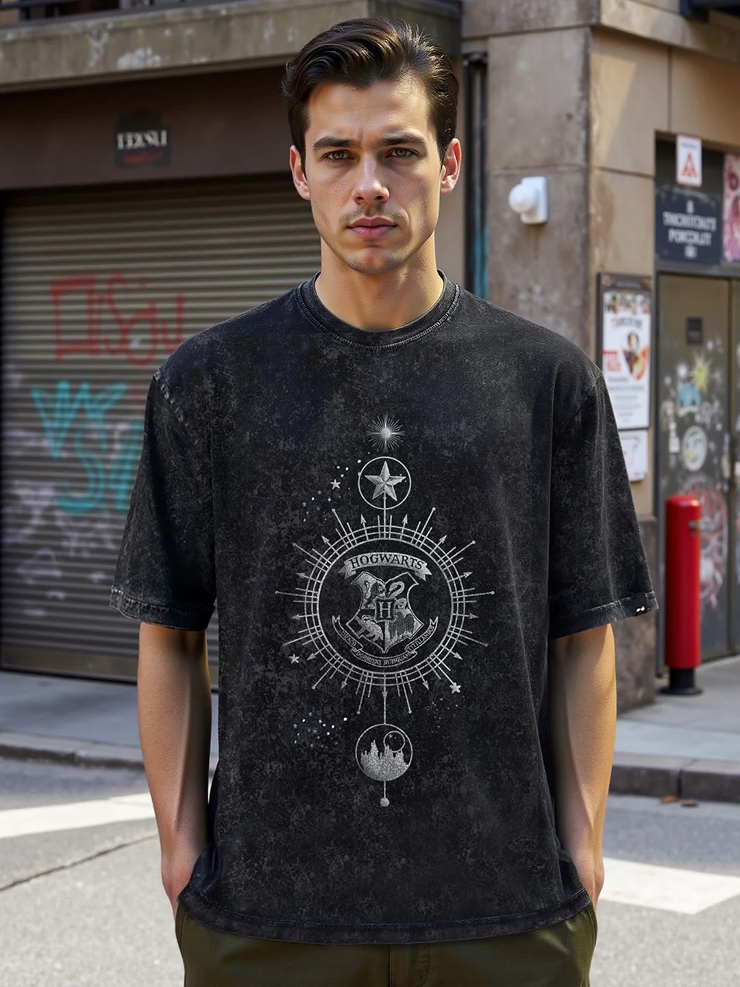 Bewakoof Black Harry Potter Printed Round Neck Short Sleeves Cotton Oversized T-shirt