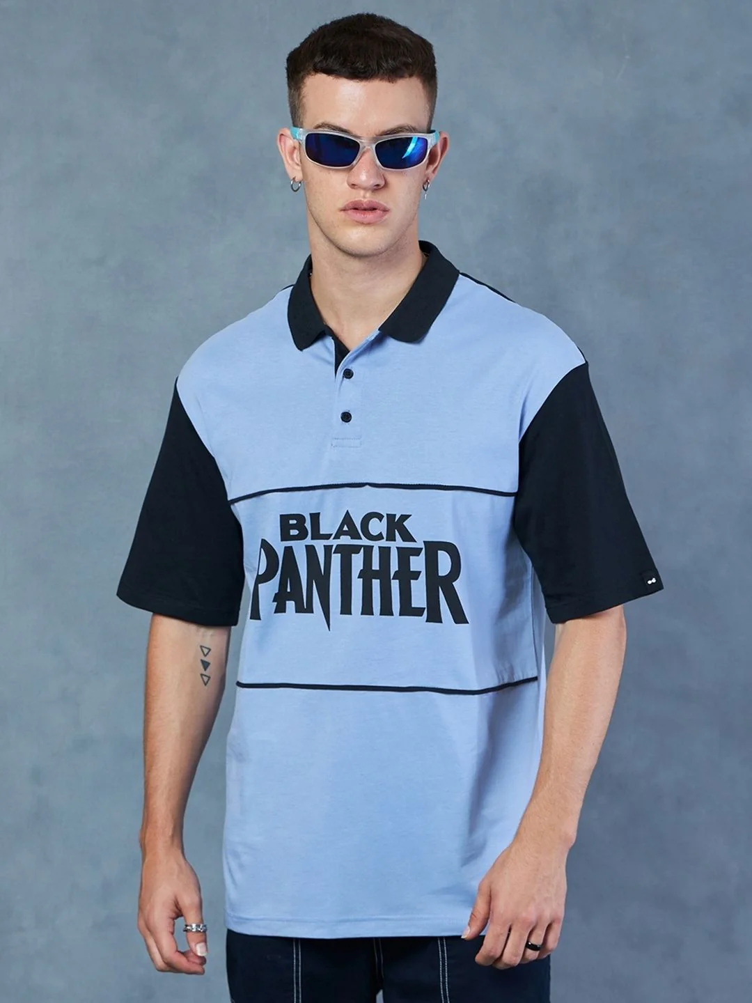 Bewakoof Black Panther Marvel Printed Polo Collar Oversized Cotton T-shirt - Image 3