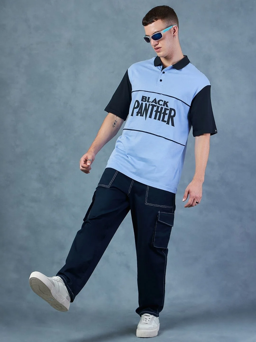 Bewakoof Black Panther Marvel Printed Polo Collar Oversized Cotton T-shirt - Image 4